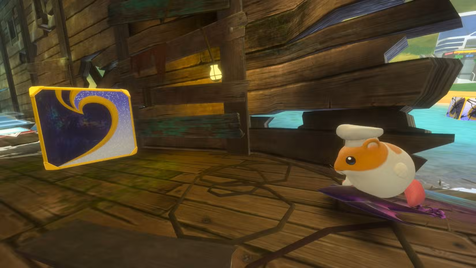 Rick com chapéu de chef se aproxima de uma caixa com detalhes dourados em Kirby Air Riders