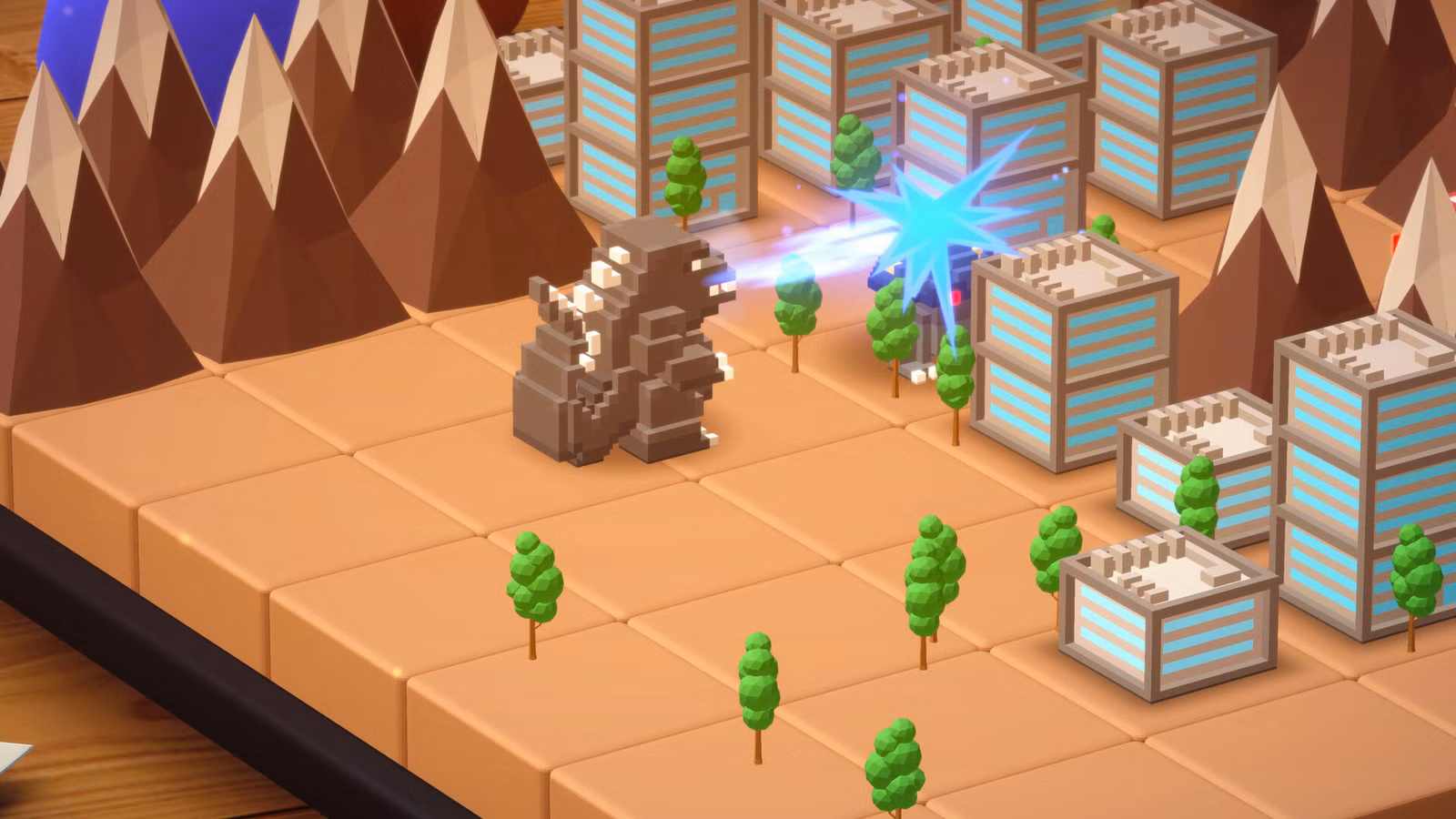 Godzilla explodindo um prédio em Godzilla Voxel Wars