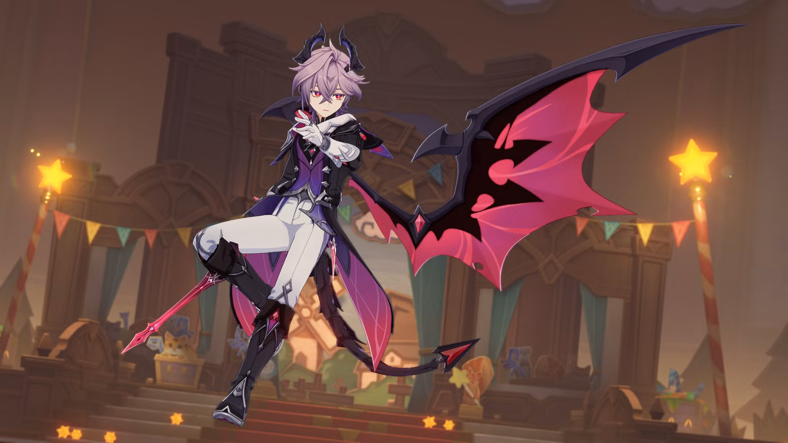 Durin, um menino dragão com cabelo lilás, em Genshin Impact