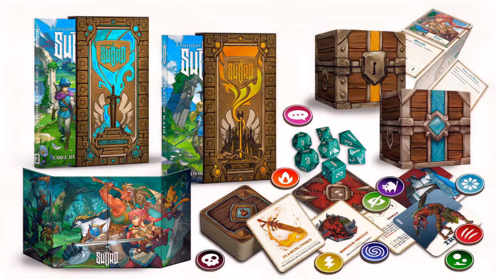 Uma imagem mostrando o conteúdo da próxima caixa do jogo de tabuleiro de Twilight Sword.