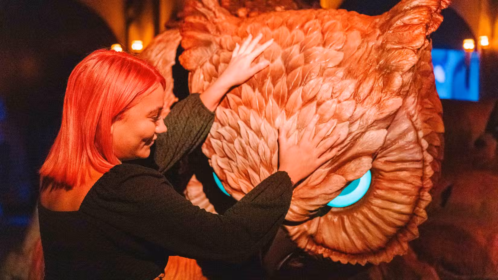 Uma mulher acaricia um urso-coruja em Dungeons & Dragons: The Immersive Quest