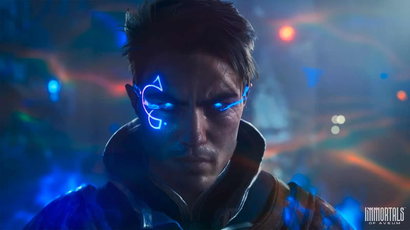 Jak brilha com magia azul em seus olhos na arte principal de Immortals of Aveum