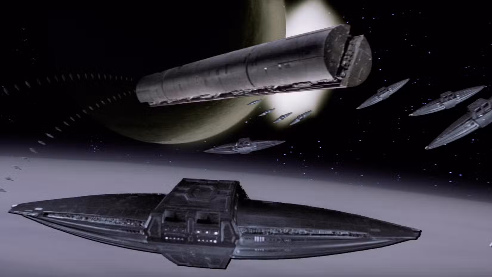 nave espacial em forma de losango se aproxima de uma nave gigante em forma de charuto em Duna, de David Lynch