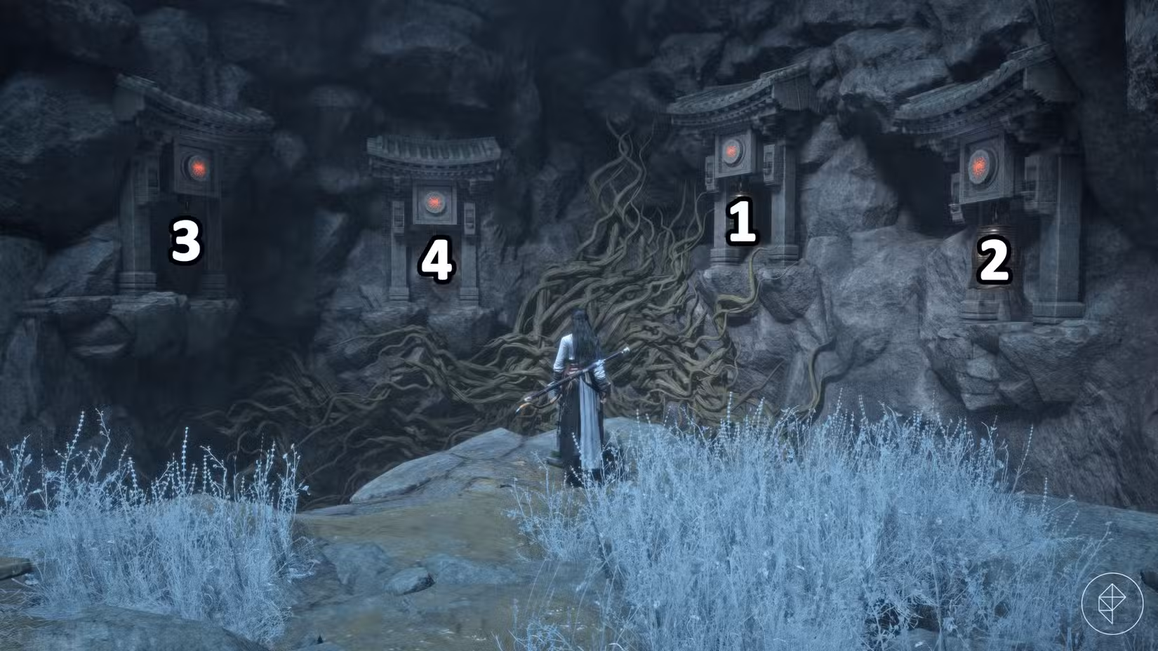 A solução do quebra-cabeça do sino em Where Winds Meet.