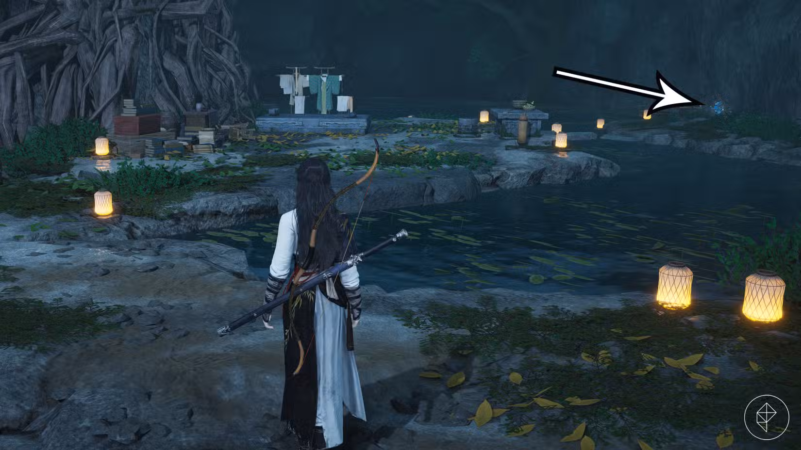 Uma seta aponta para a flor ao luar que o jogador precisa para ajudar a Deusa Lunar e completar a missão 'Cego para o Mundo' em Where Winds Meet.