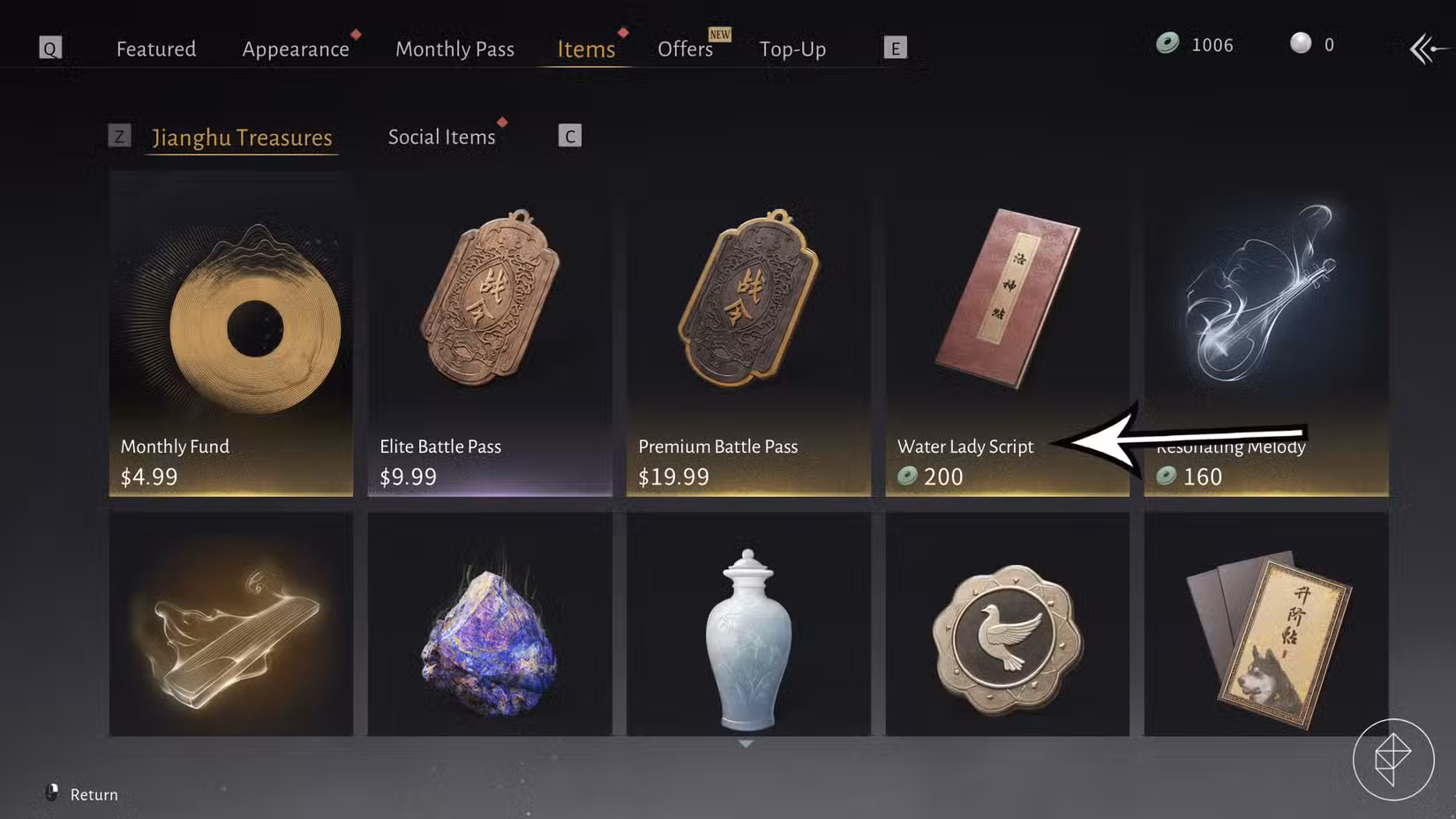 Uma seta aponta para o item Water Lady Script em Where Winds Meet.