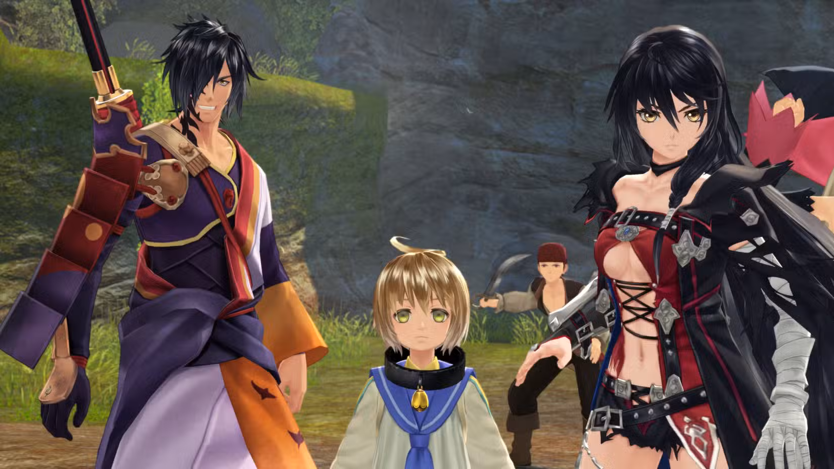 Uma captura de tela oficial de Tales of Berseria Remastered mostrando Velvet, Laphicet e Rokurou