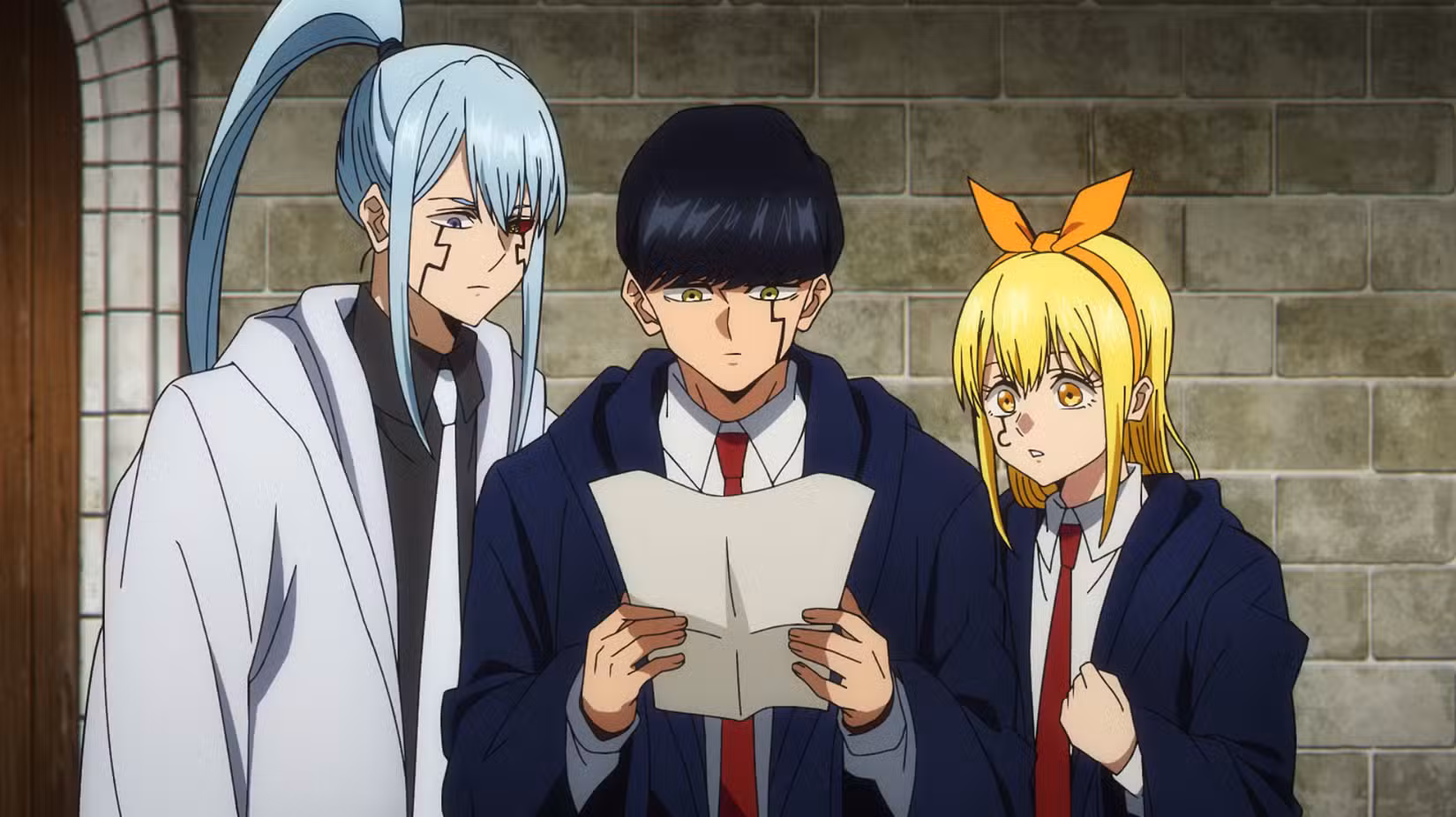 Mashle olhando para um papel ao lado de Lemon e Lance de Mashle