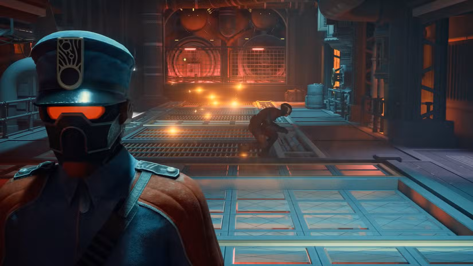 O protagonista de Outer Worlds 2 foge atrás de um guarda do Protetorado.