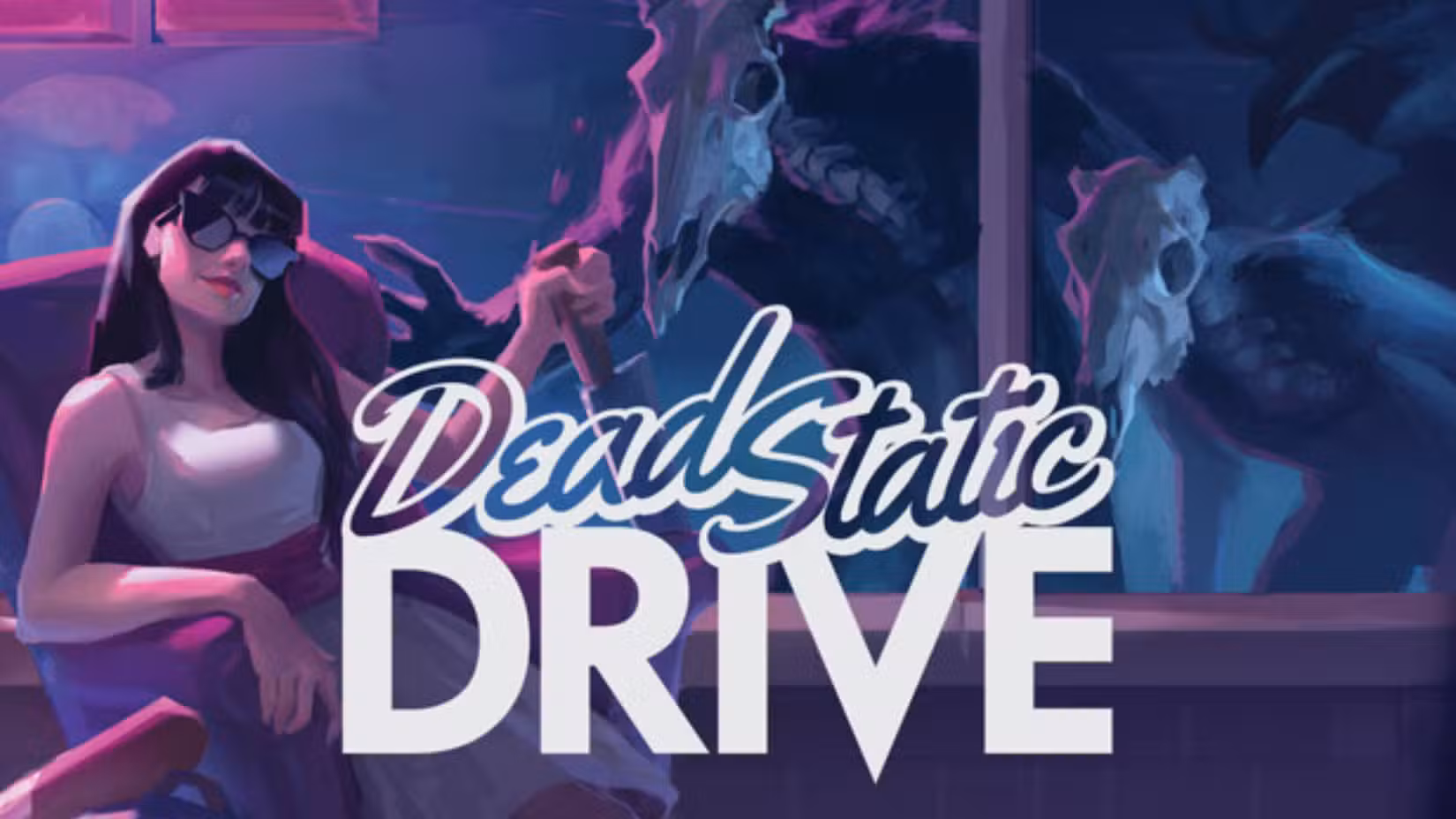 A arte principal de Dead Static Drive, apresentando uma personagem feminina empunhando uma faca enquanto usava óculos escuros enquanto uma estranha criatura com cara de caveira se esconde atrás dela.