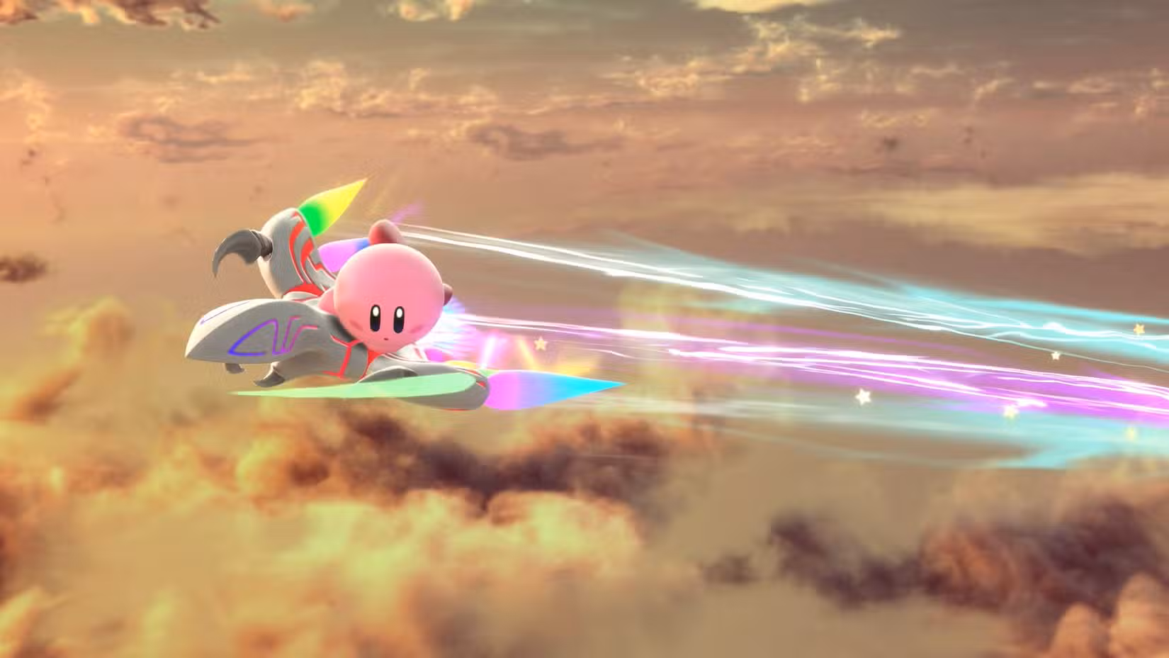 Kirby monta Dragoon acima das nuvens em Kirby Air Riders