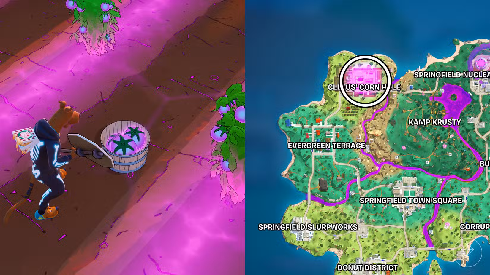 Scooby Doo em frente a uma cesta de tomates em Fortnite.