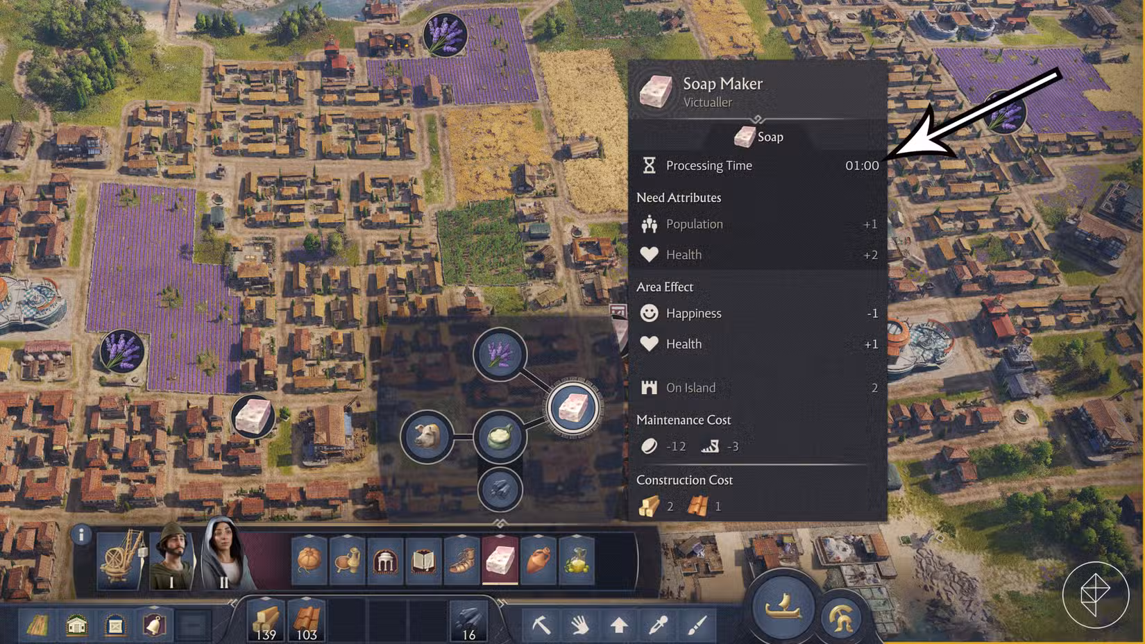 A linha de produção de sabão e tempos de processamento em Anno 117: Pax Romana.