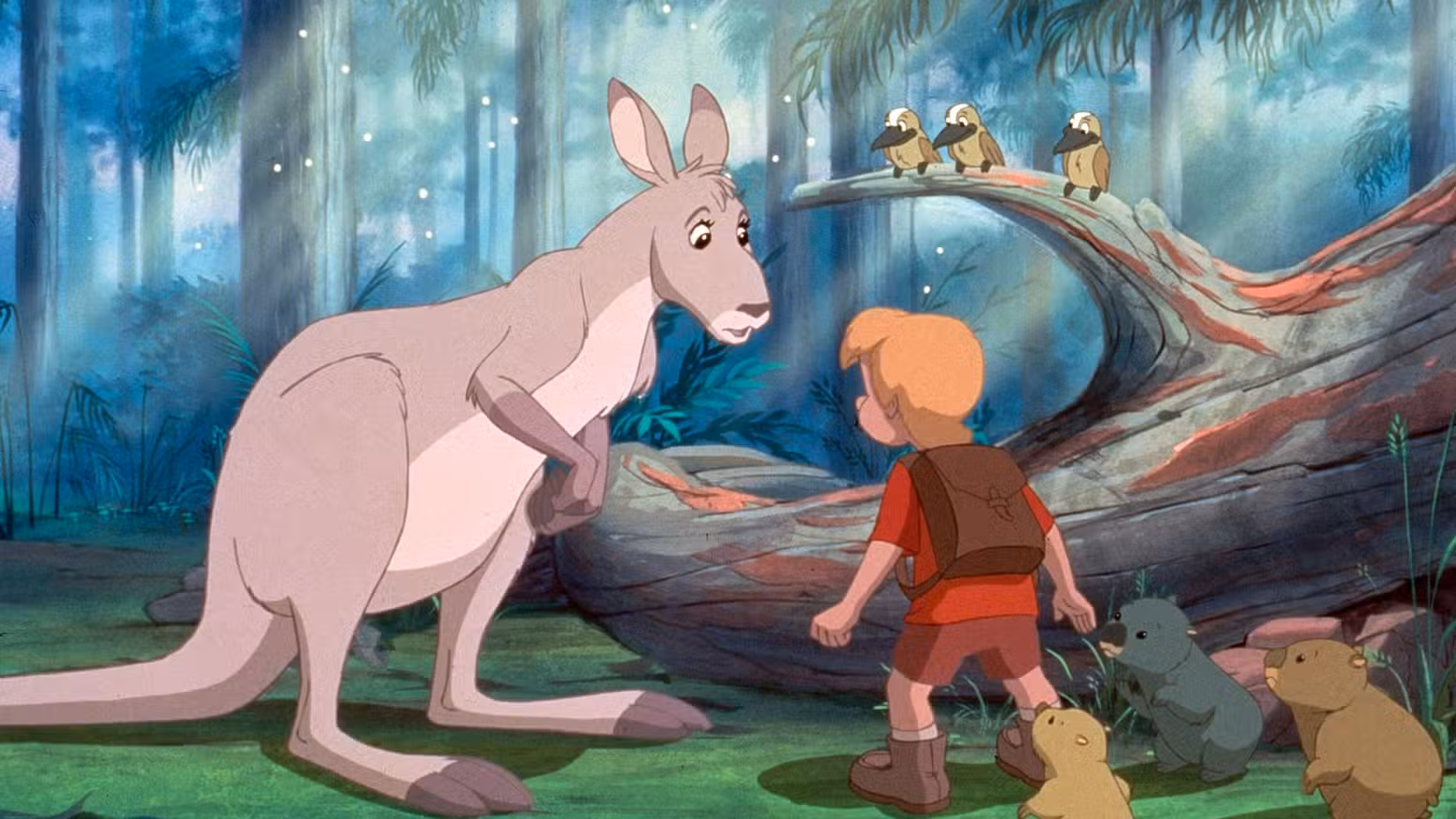 Um menino chamado Cody conversa com um canguru e outros animais australianos em The Rescuers Down Under