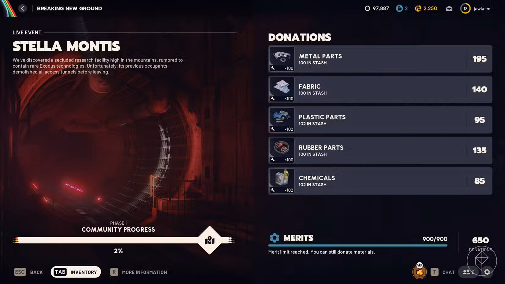 A tela de doação de eventos comunitários em Arc Raiders.