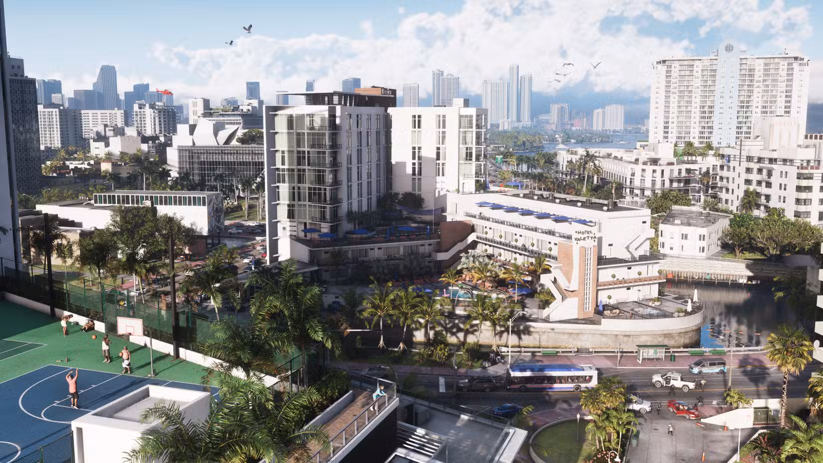 Uma vista dos complexos de apartamentos e do trânsito em Vice City do GTA 6