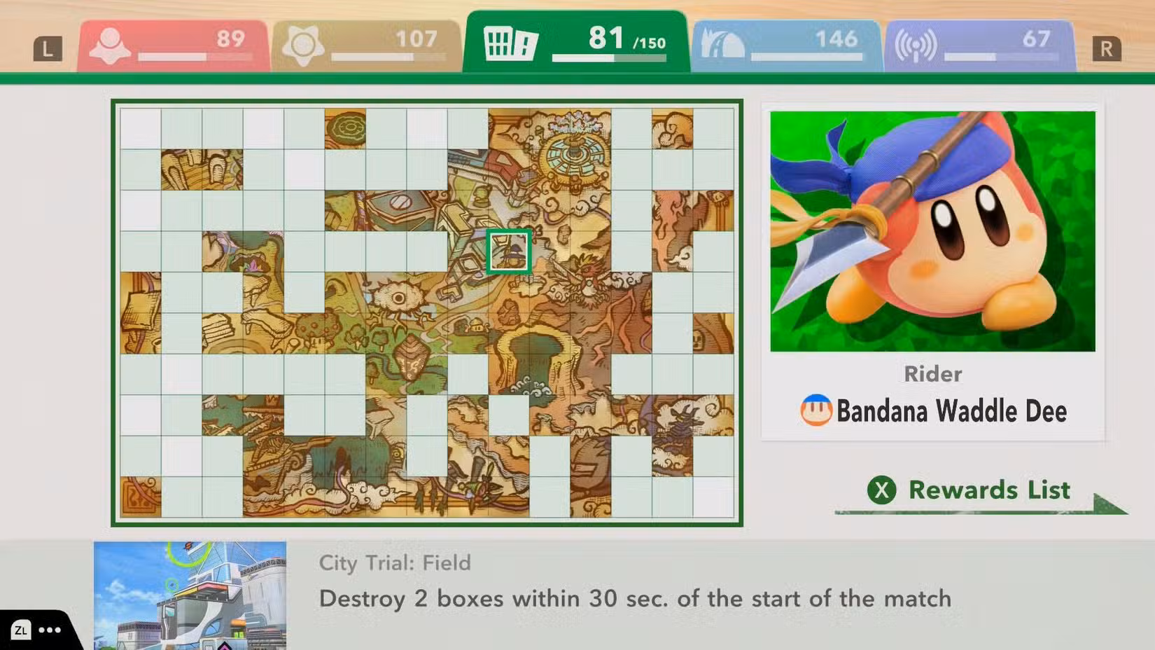 Um quadro de desafio aparece em Kirby Air Riders.