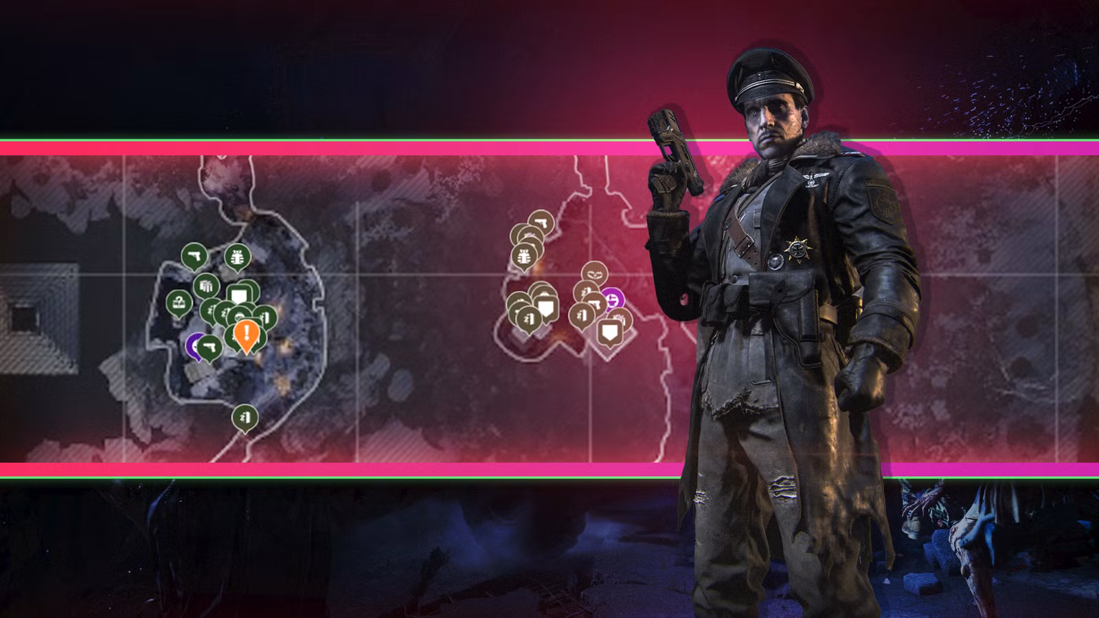 Um homem segurando uma pequena arma em frente ao mapa Ashes of the Damned em Call of Duty: Black Ops 7