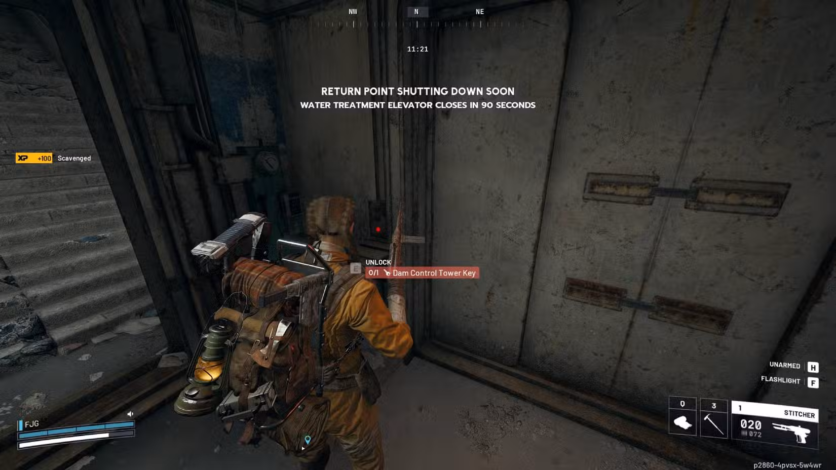 O jogador em Arc Raiders olhando para uma porta trancada na Dam Control Tower, com o aviso de que um ponto de retorno será encerrado em breve sobreposto na tela.