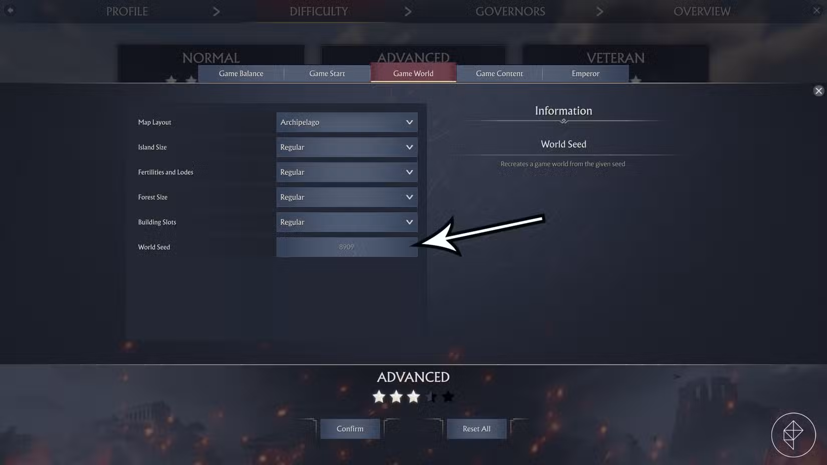 Uma seta aponta para a opção de semente mundial em Anno 117: configurações de Pax Romana.