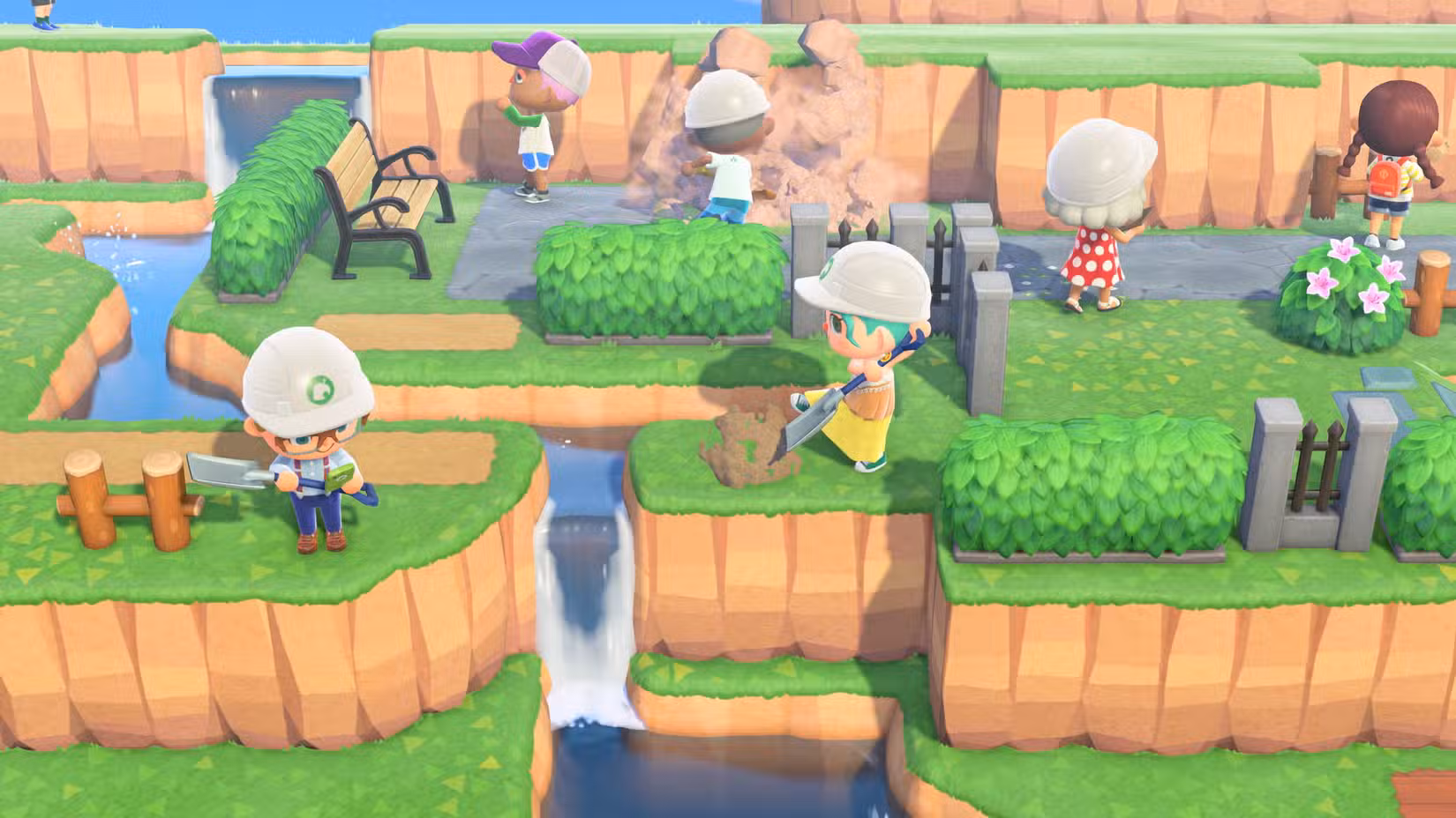Um aldeão cava em busca de terra perto de uma cachoeira em Animal Crossing New Horizons