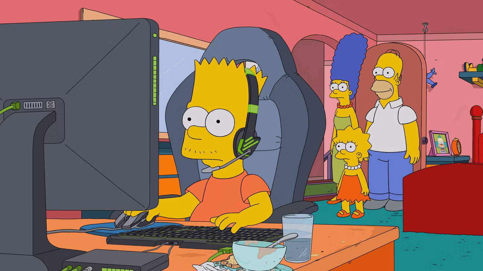 Bart Simpson joga em seu PC de jogos em uma foto de Os Simpsons.