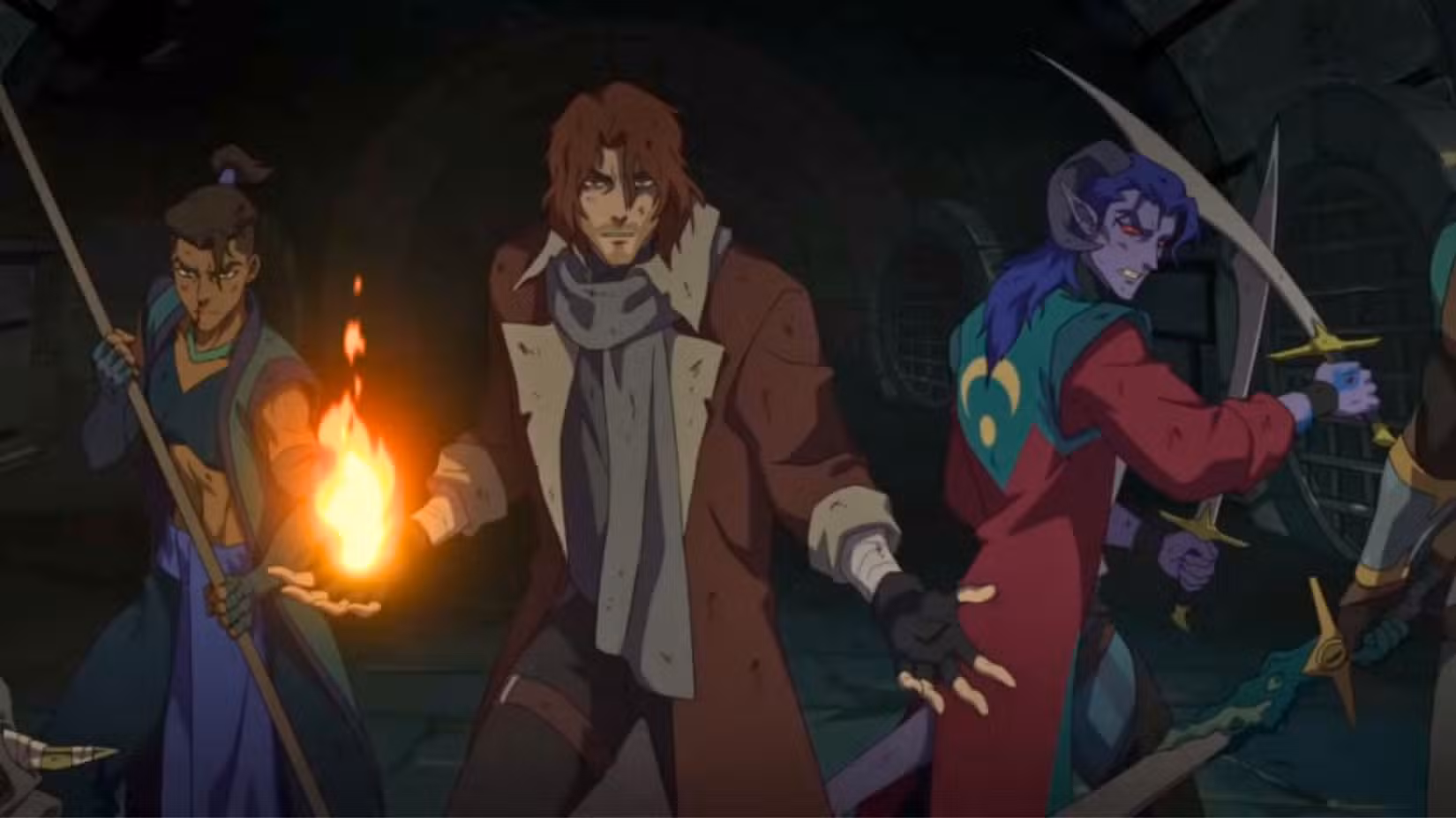 Uma captura de tela de The Mighty Nein, do Prime Video, apresentando os personagens Beau, Caleb e Mollymauk.