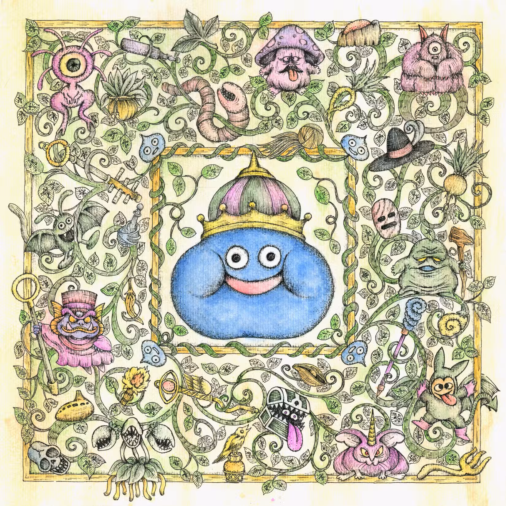Uma obra de arte retrata imagens de monstros de Dragon Quest.