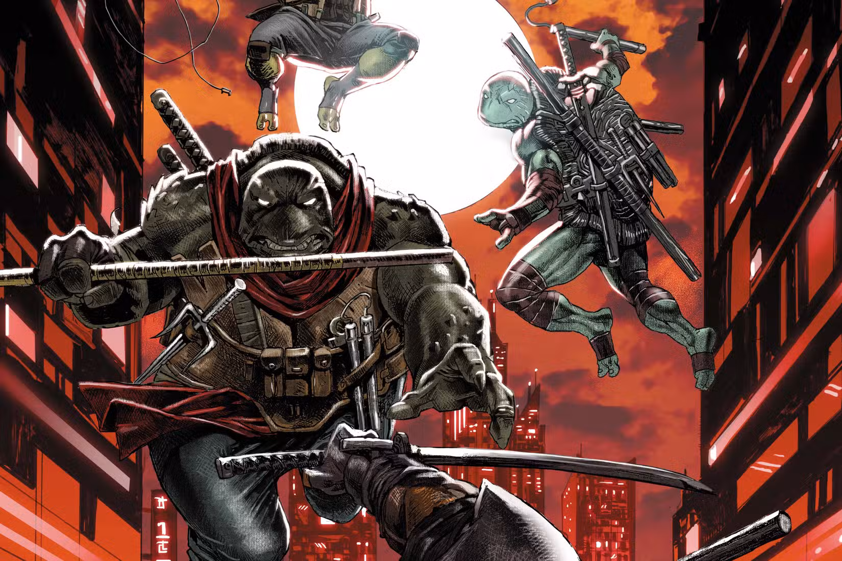 Personagens de tartarugas ninja saltam pelo ar em uma cidade escura na capa de Teenage Mutant Ninja Turtles: The Last Ronin II — ReEvolution #1. 