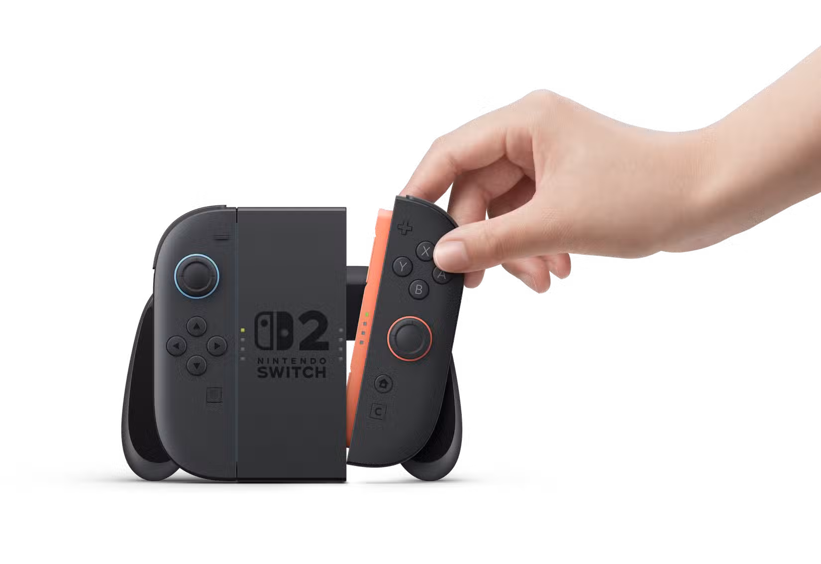 Um jogador Nintendo conecta um Joy Con ao suporte do Switch 2