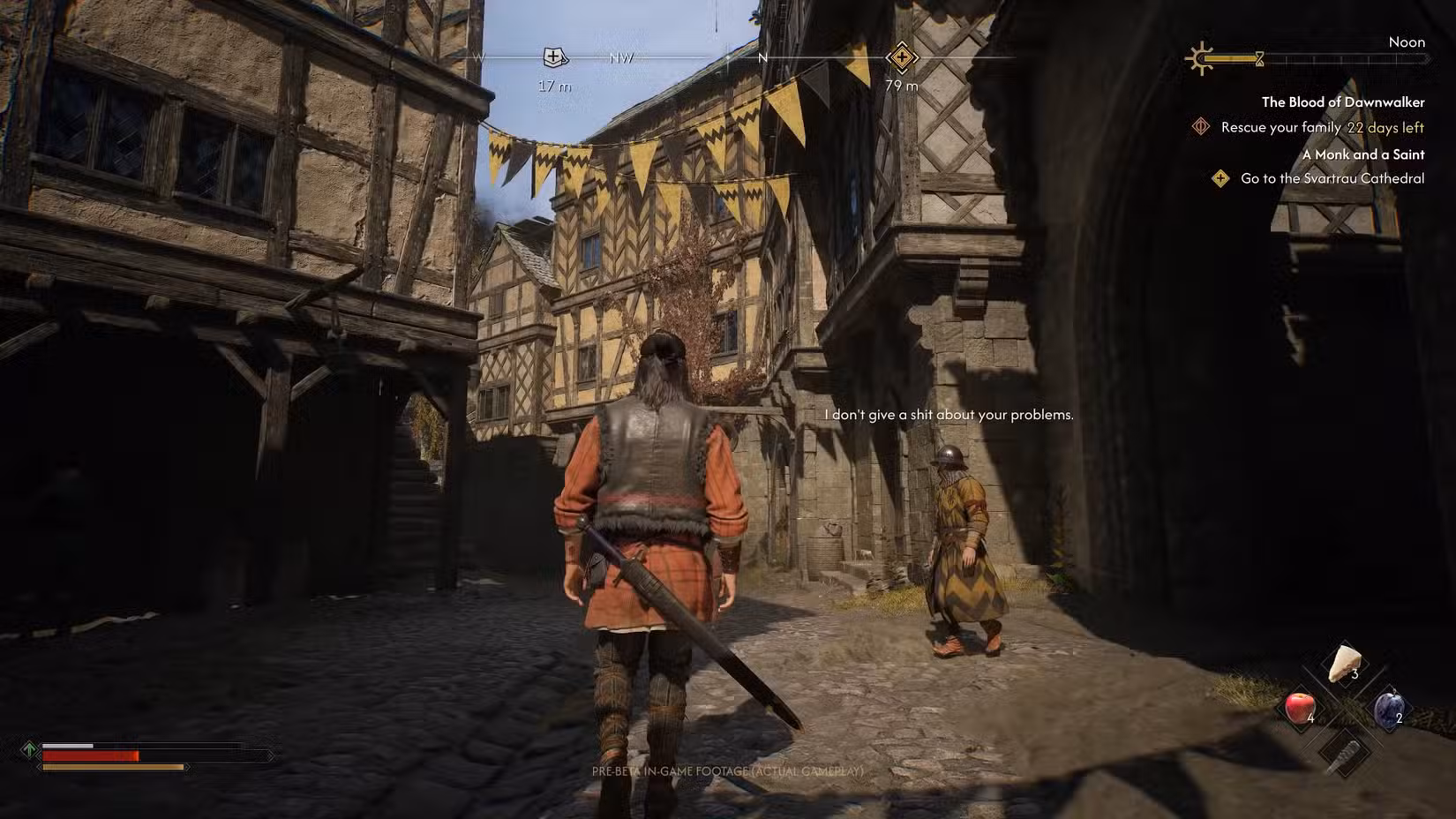 Coen caminha por uma cidade em The Blood of Dawnwalker.