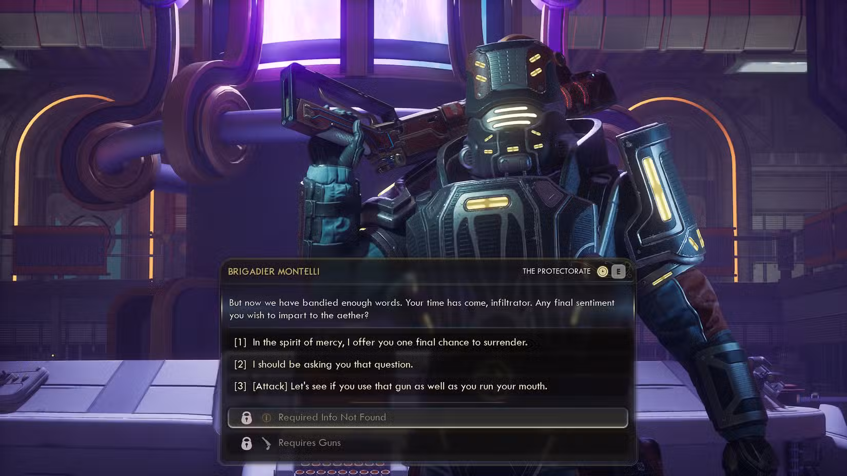 Escolhas bloqueadas enquanto o jogador fala com Montelli em Outer Worlds 2