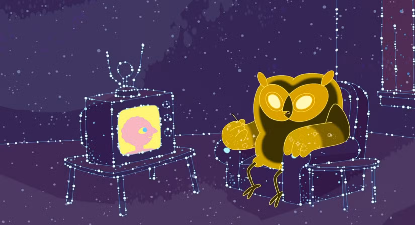 A Coruja Cósmica senta em uma cadeira e assiste TV no Adventure Time