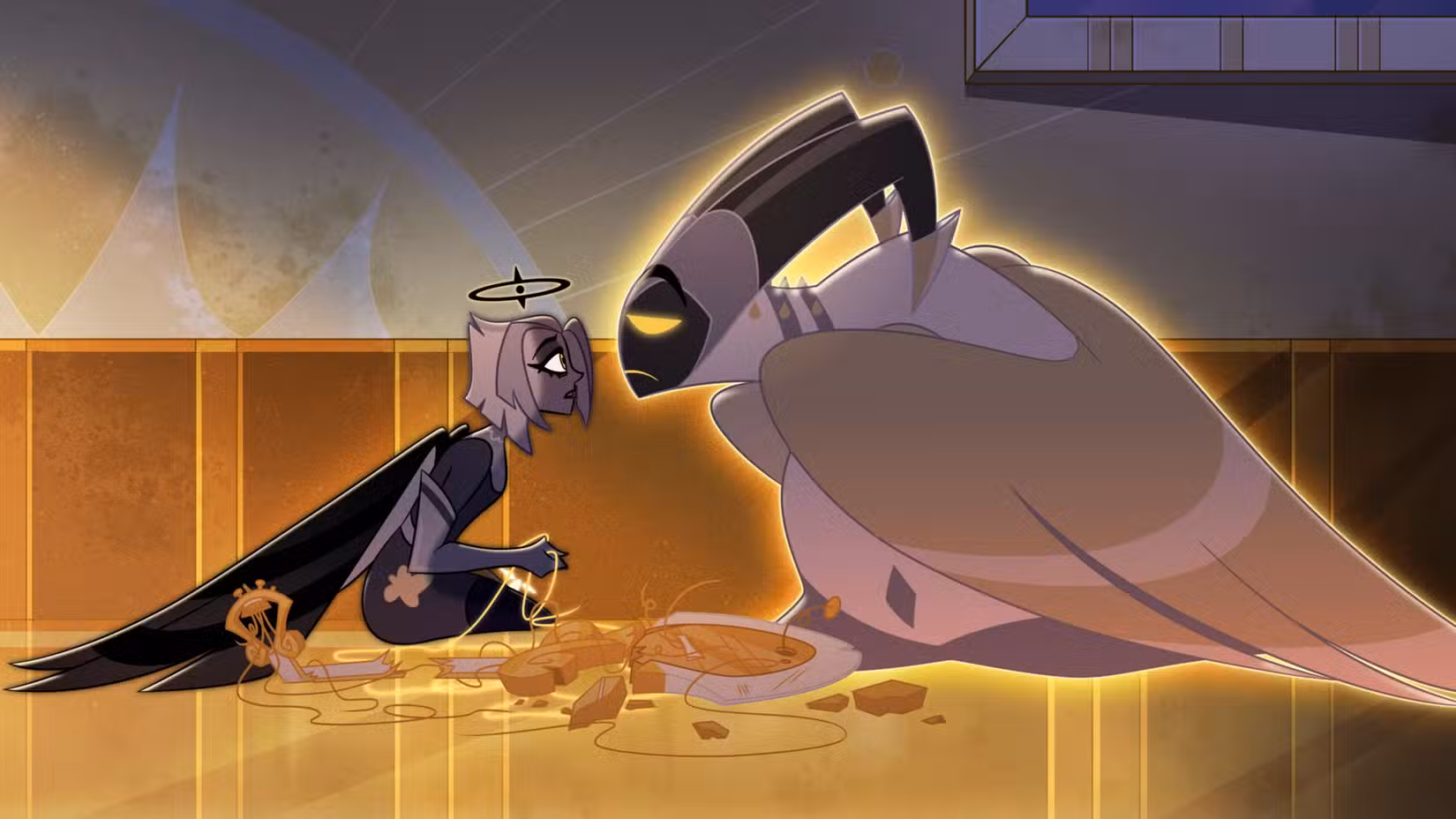 Lute, um anjo vestido de preto, senta-se no chão em frente a uma visão de Adam, um anjo mascarado com largas asas brancas, na 2ª temporada do Hazbin Hotel