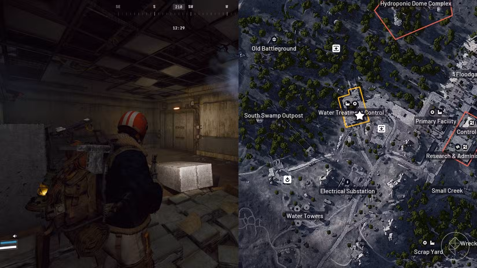 Uma imagem dividida mostrando o personagem do jogador em Arc Raiders próximo ao local que ele deve visitar para completar a missão à esquerda, e o local no mapa do jogo marcado com um ícone de estrela à direita.