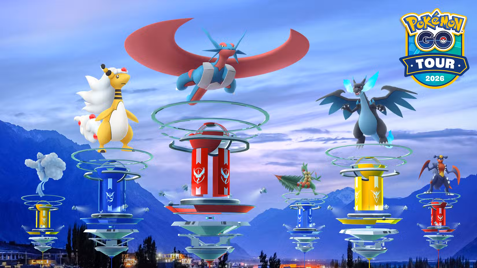 Imagem promocional do GO Tour mostrando muitas academias com Mega Pokémon