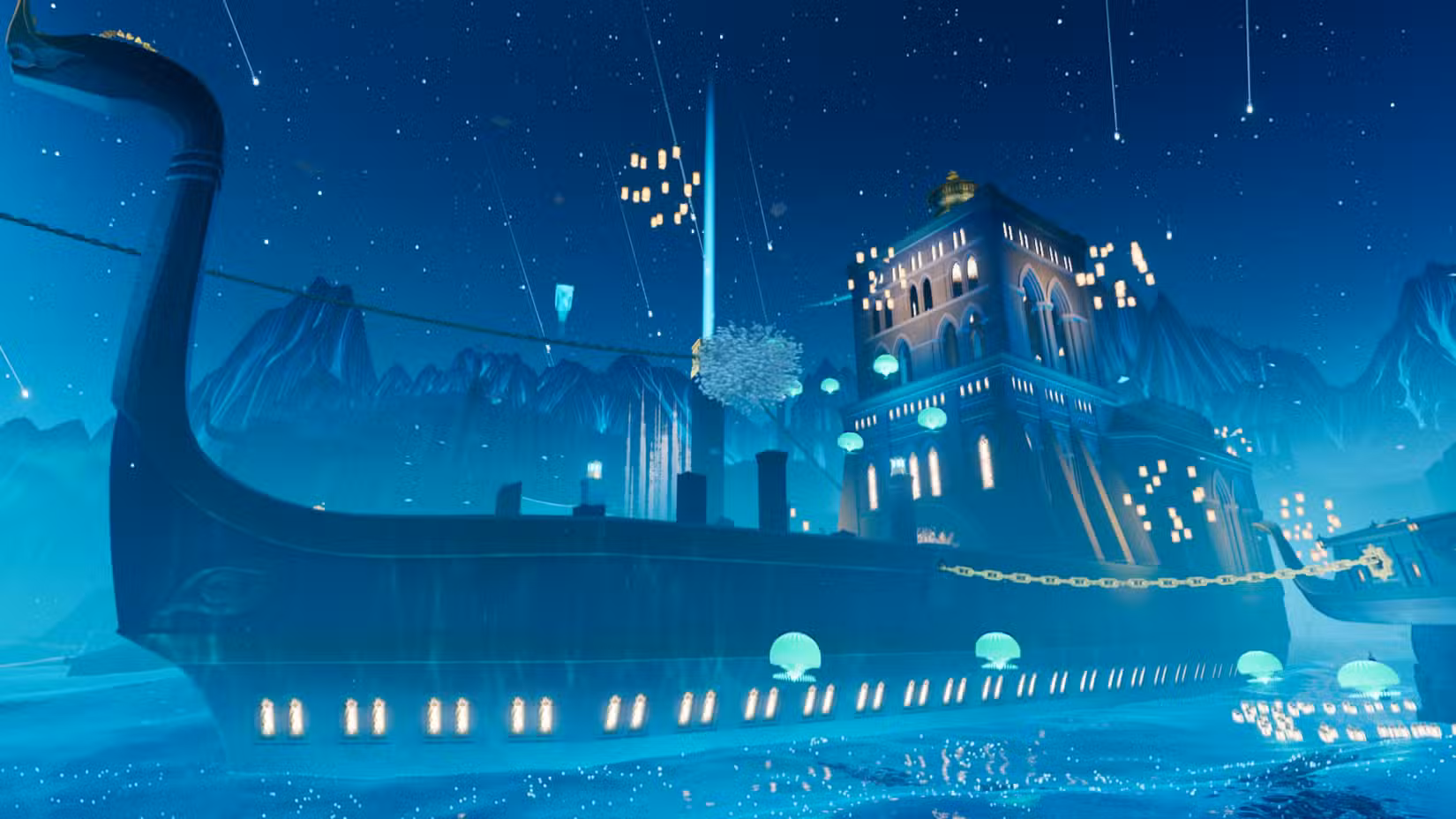 Um barco flutua na água sob um céu estrelado em Sword of the Sea.