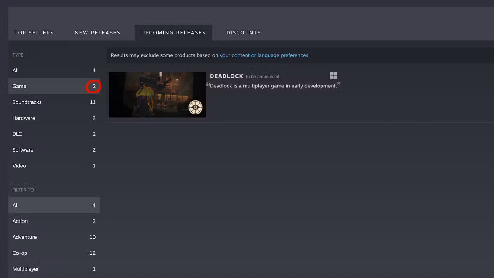 Página oficial da Valve no Steam, com dois jogos listados em "Próximos lançamentos," mas apenas um (Deadlocked) visível.