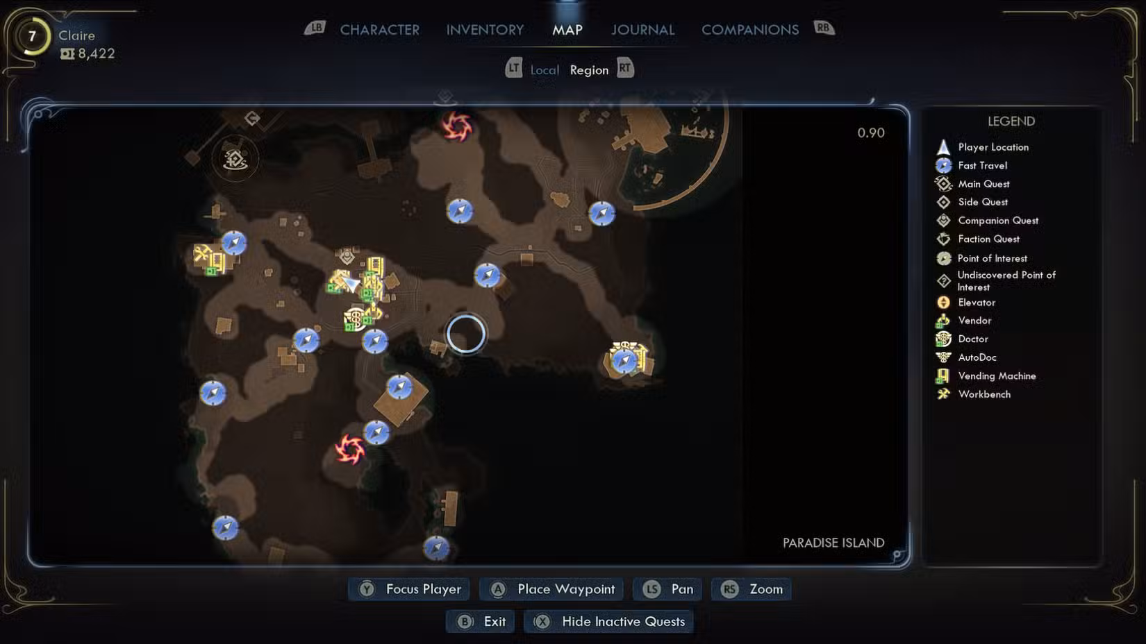 Uma captura de tela do mapa de Paradise Island em The Outer Worlds 2, com uma missão ativa selecionada e um waypoint quase invisível.