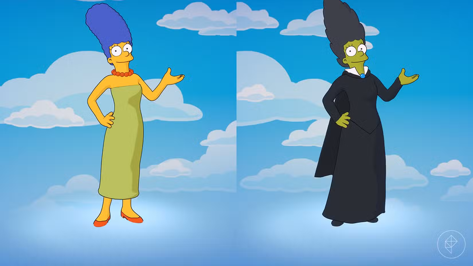 As skins de Marge Simpson e Witch Marge conforme aparecem em Fortnite.