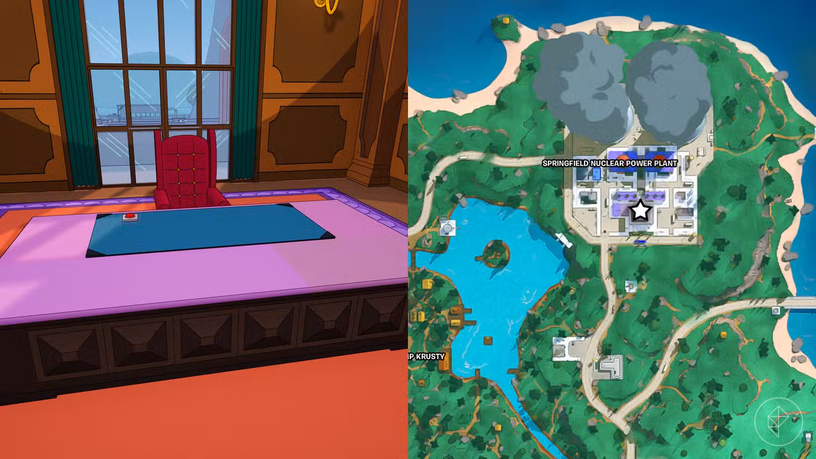 Uma imagem dividida da mesa do Sr. Burns na Usina de Energia junto com sua localização marcada no mapa Fortnite com uma estrela.