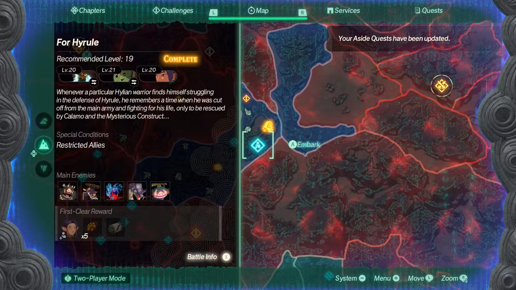 A tela da missão For Hyrule, mostrando Quino como recompensa em Age of Imprisonment