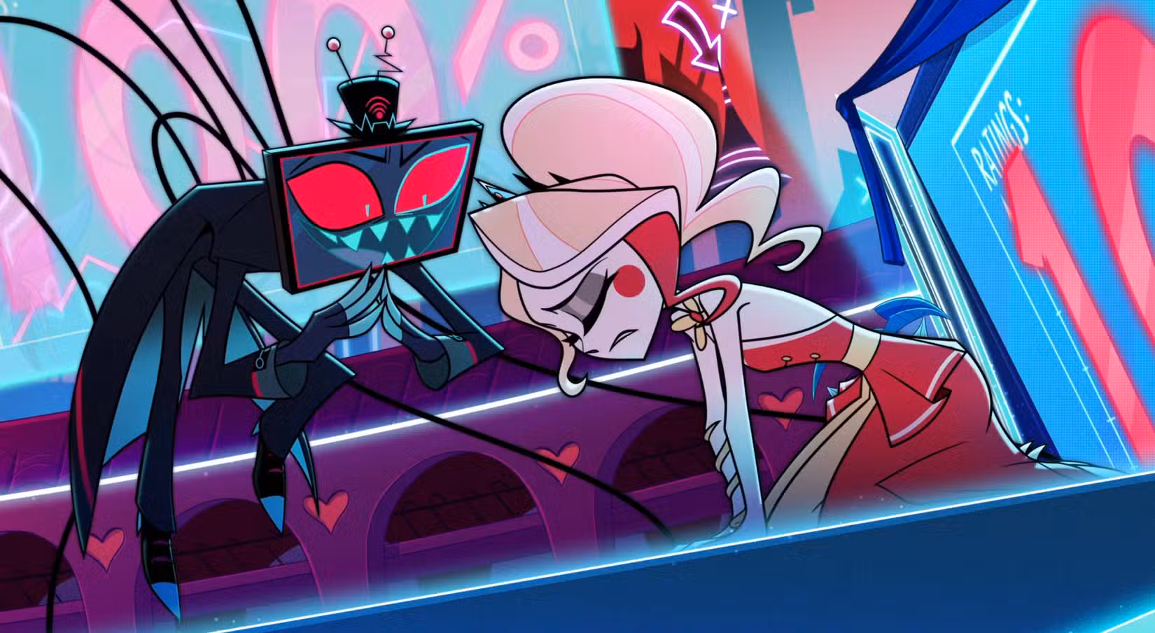 Charlie Morningstar, um demônio humanóide em um vestido de festa chique, cai de joelhos no palco enquanto Vox, um demônio com uma TV de tela plana no lugar da cabeça, alegremente domina seu poder sobre ela na 2ª temporada do Hazbin Hotel