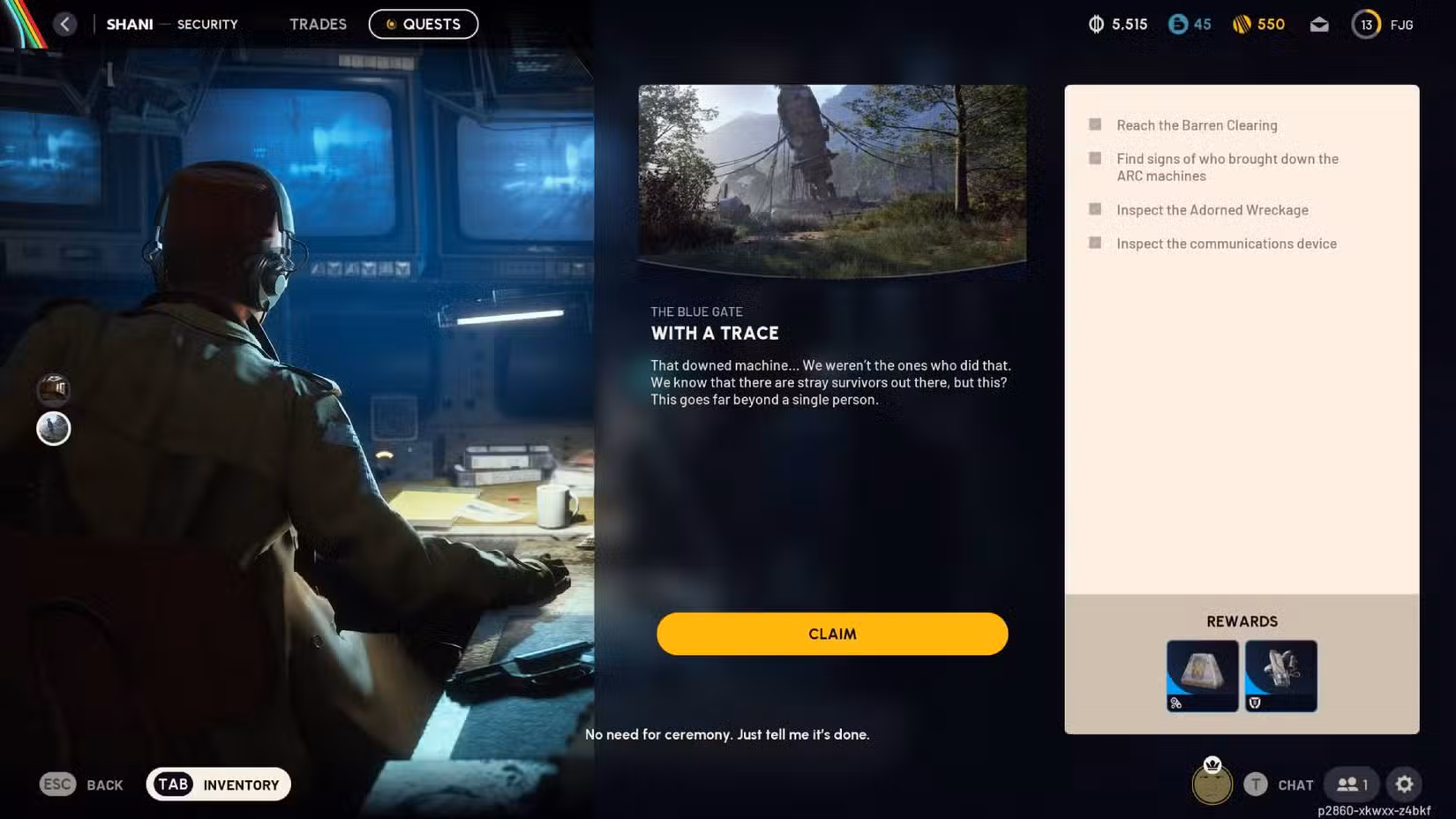 A descrição e as recompensas da missão Arc Raiders ‘With A Trace’, com Shani, um dos NPCs do jogo, sentada em uma mesa do lado esquerdo.