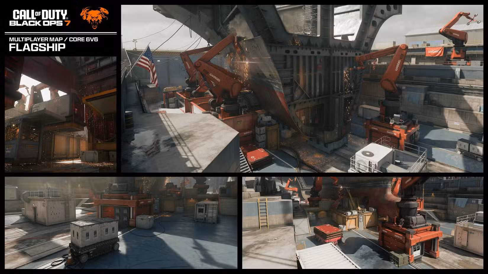Um padrão de grade de quatro capturas de tela mostrando o mapa Flagship em Black Ops 7.