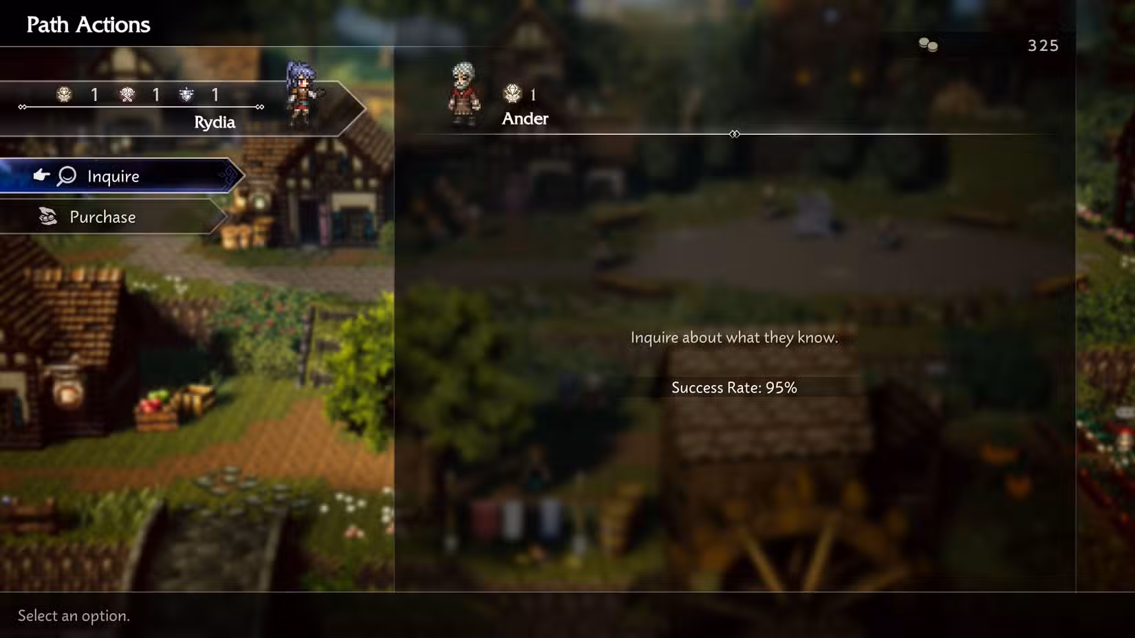 Uma captura de tela do Octopath Traveler 0 mostrando o menu Path Action