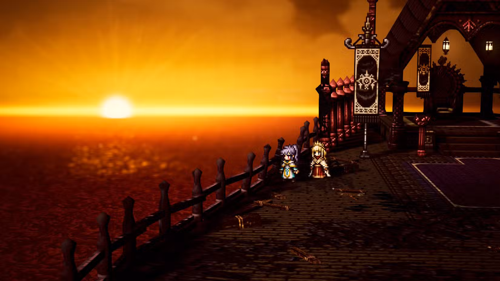 Uma captura de tela do Octopath Traveler 0 mostrando dois personagens e o pôr do sol no horizonte