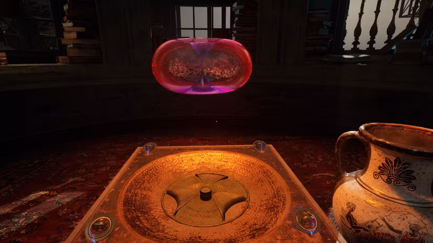 A água flutua acima de uma engenhoca em forma de tigela enquanto Katja "purifica" isto.