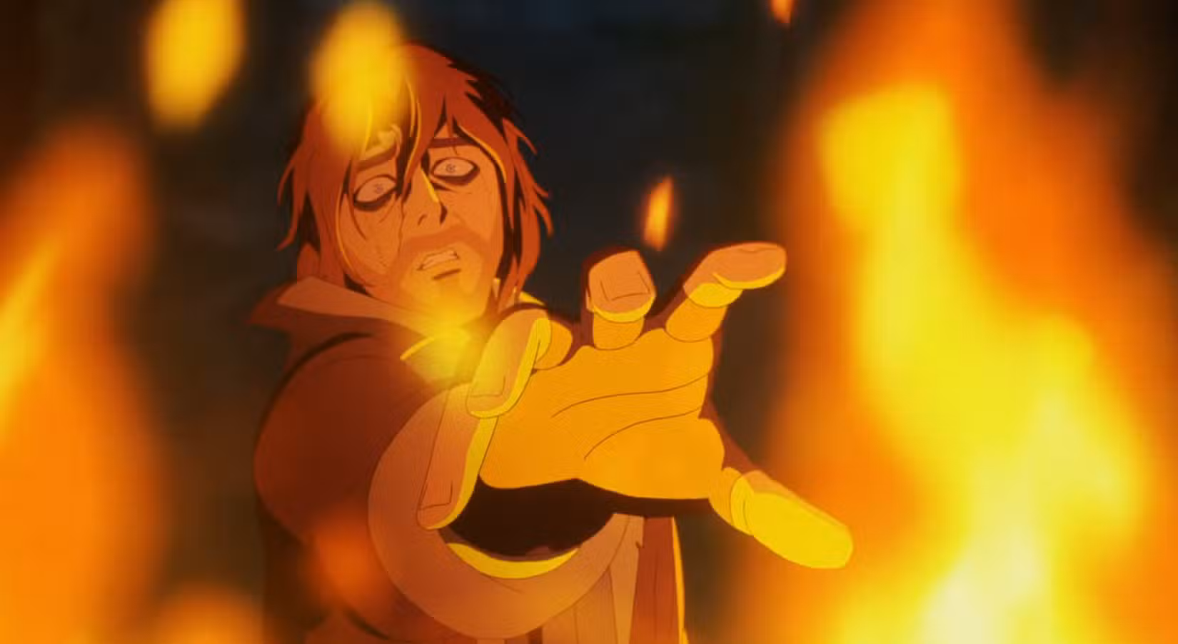 Caleb em meio às chamas no episódio 5 de The Mighty Nein