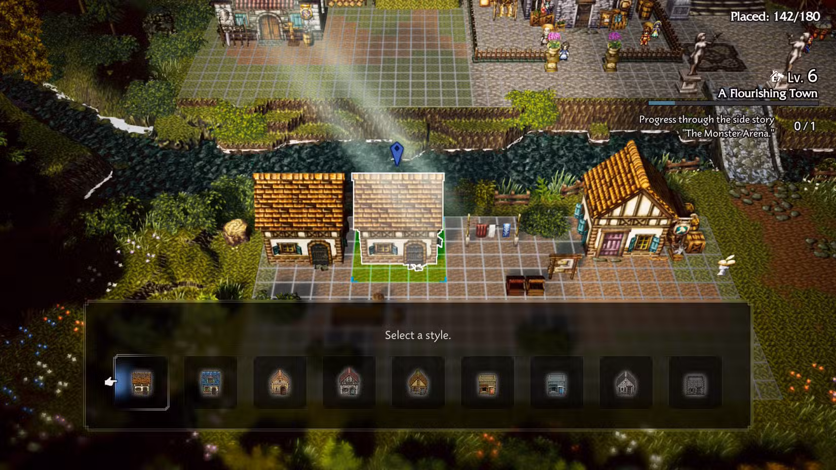 Uma captura de tela do Octopath Traveler 0 mostrando o menu de gerenciamento da cidade onde você pode alterar um estilo de construção